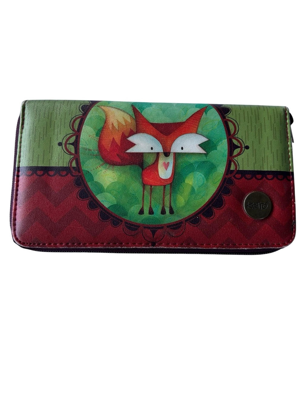 Red and Green Wallet with Red Accents and Artistic Circular Print